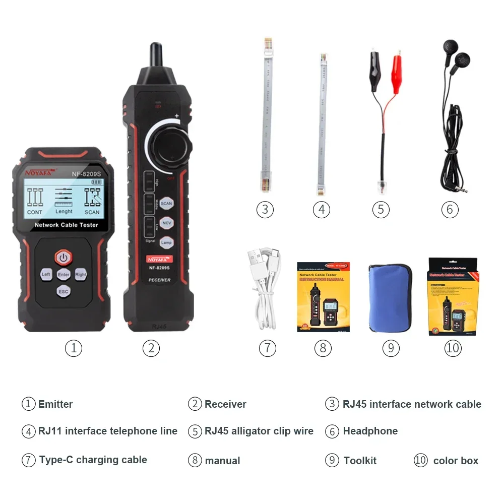Noyafa NF-8209S Tester per cavi di rete LCD RJ45 Wire Tracker PoE Strumento multifunzionale per la misurazione della lunghezza del corrente