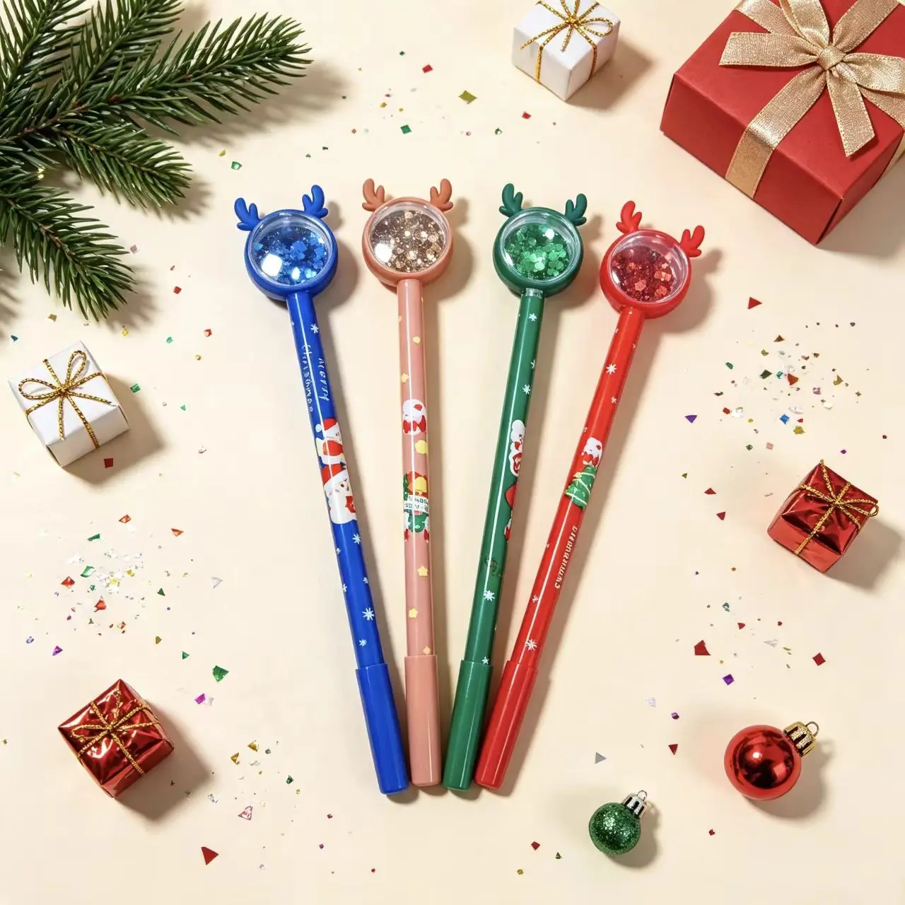 4/8PCS Cute Christmas Sequins Gel Pen Reindeer Horn Design Xmas Theme Press Pen Student Writing Party Favor Supplies