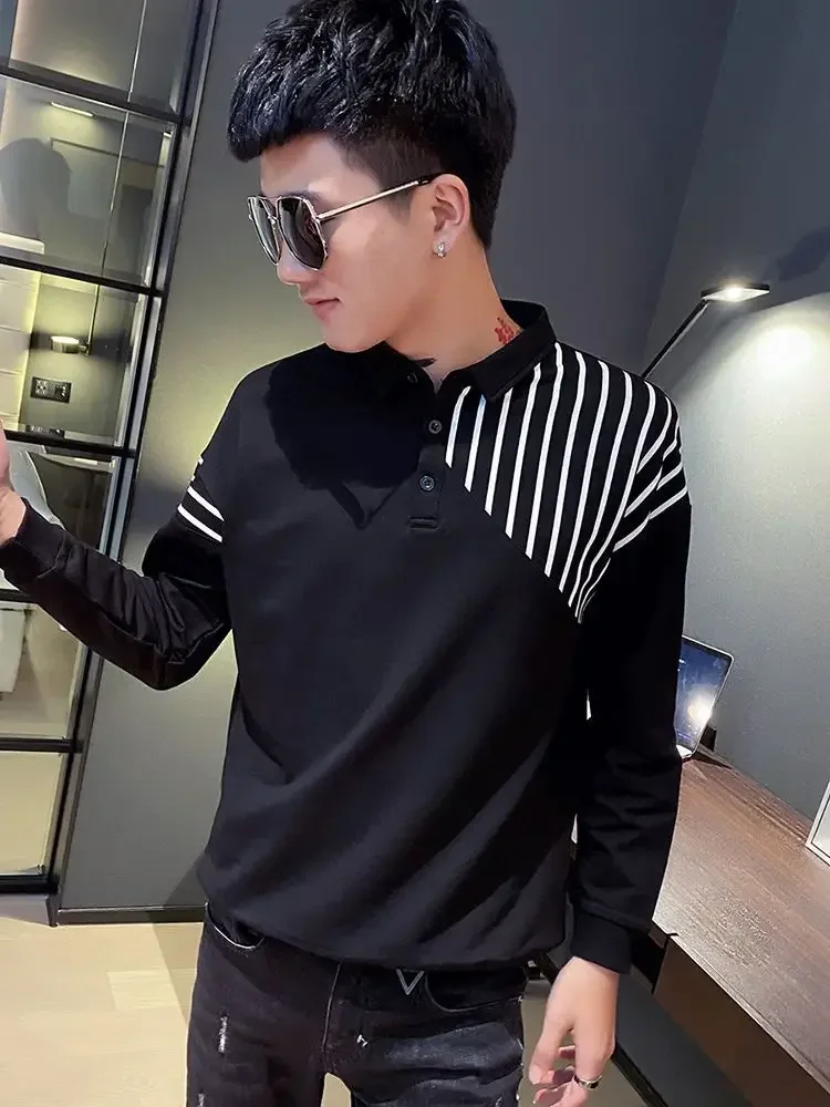 Tops New Rock Male Clothes Sweatshirts Stripe T Polo Shirts For Men Spliced With Korean Style Winter Harajuku Fashion Tee Bulk