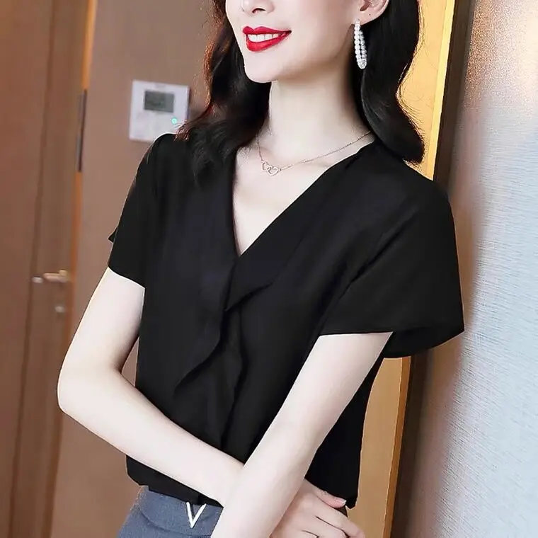 Satin Vintage Ruffles Summer Tops Tees Women Sweet Short Sleeve V-Neck Slim T-shirts Pure Color Elegant Chic Shirt Blouse Camisa