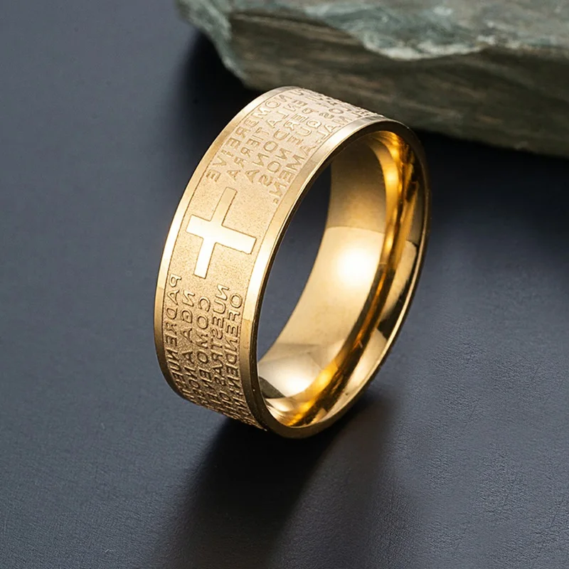 7mm Tone Spanish Golden The Holy Bible  Prayer Cross Ring Stainless Steel Rings Wholesale