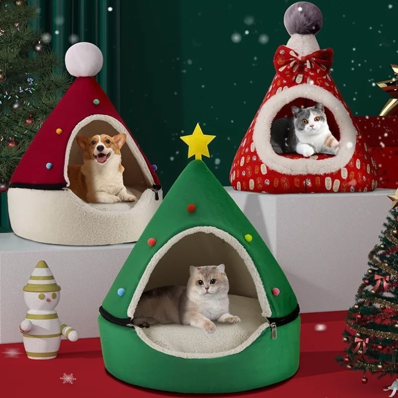 2026 nova árvore de natal casa de gato semi fechado quente pelúcia destacável caverna cama para cães pequenos gatos inverno sono profundo ninho animal estimação