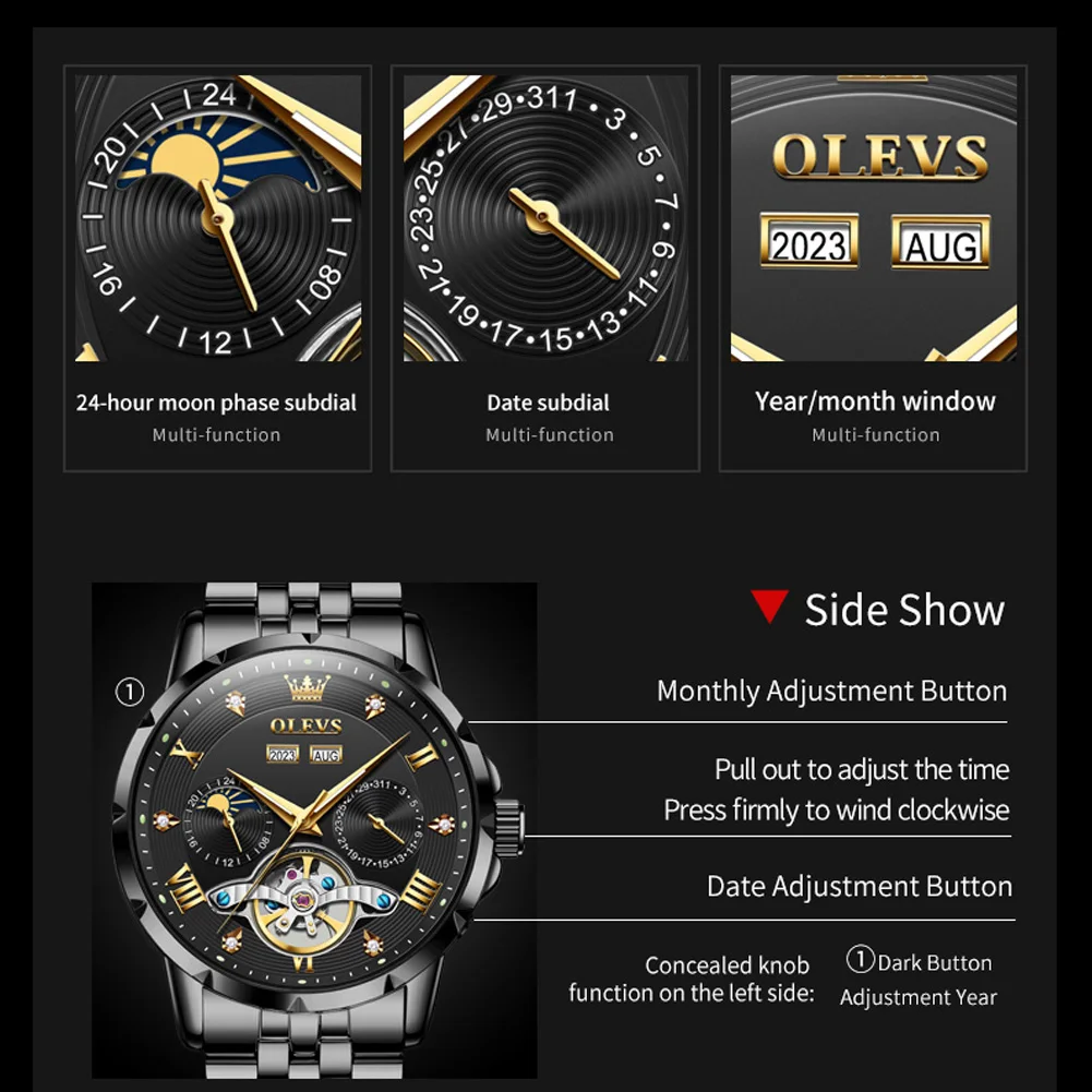 OLEVS Original Luxury Brand Watch Men Black Stainless steel Flywheel Design Auto Date Waterproof Automatic Mechanical Wristwatch