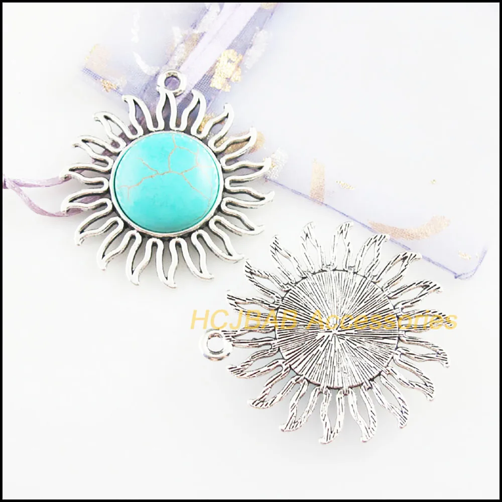 2Pc Retro Tibetan Silver Sun Flower Charms Pendants 42.5x46mm