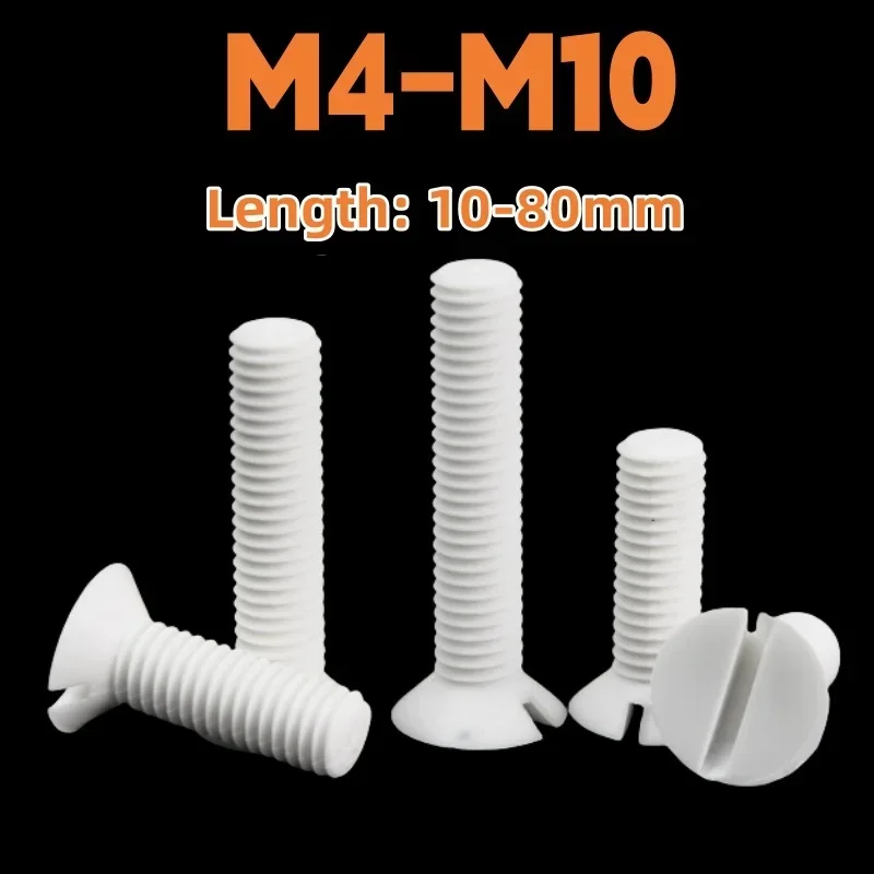 1/3/5pcs Slotted Flat Countersunk Head Screw M4 M5 M6 M8 M10 White PTFE One Countersunk Head Bolts Metric Threaded Machine Screw