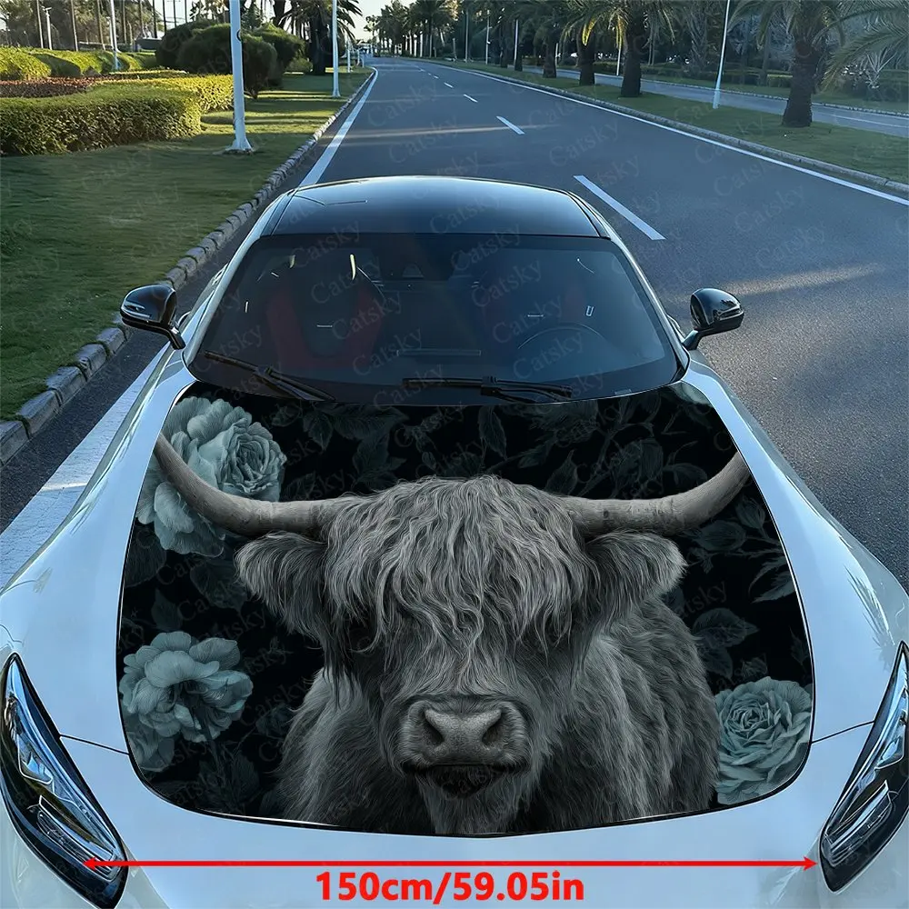 Blue Rose Highland Cattle Car Hood Sticker-self-adhesive PVC Vinyl Film, Waterproof And Scratch Resistant, Easy To Tear And Stic