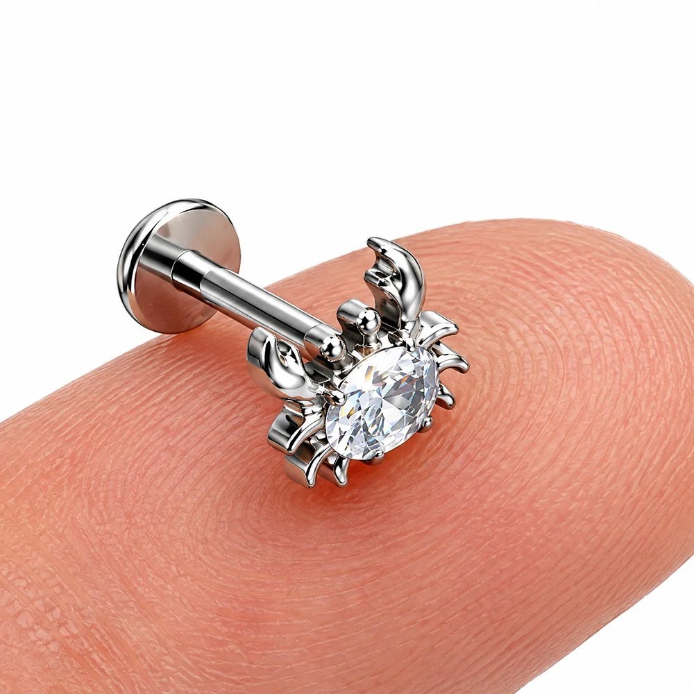 ASTM F136 Titan CZ Spinnenkrebse-Ohrring mit flacher Rückseite, Labret-Piercing-Ohrstecker für Helix, Knorpel, Tragus, Ohr- und Körperschmuck – Detail 4