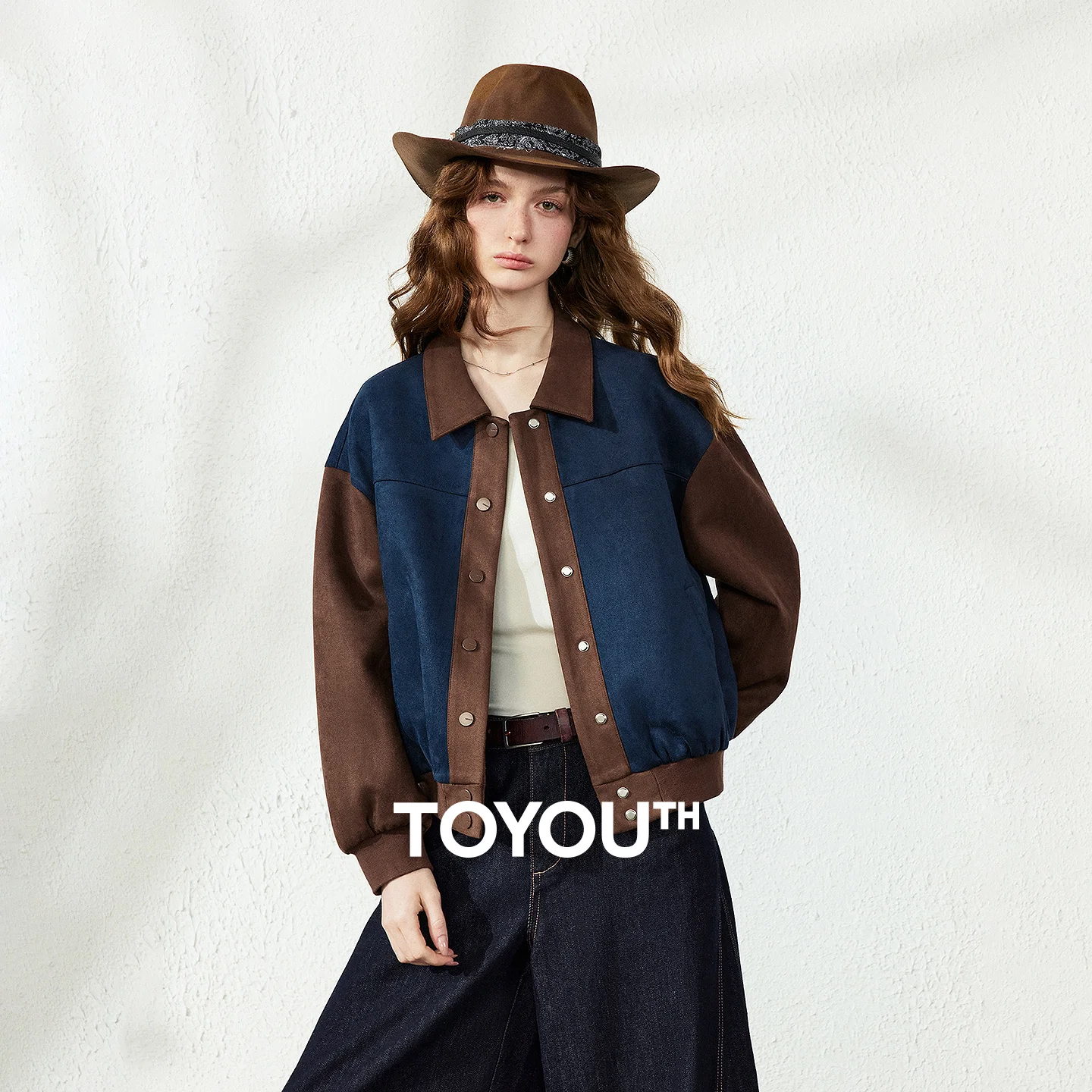 TOYOUTH Women Jacket 2026 Autumn New Retro Loose Suede Color Block American Casual Urban Nomadic Outerwear