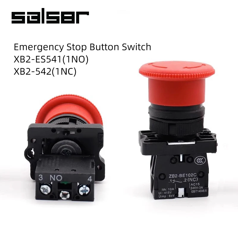 

1NO/1NC Emergency Stop 22mm Push Button Switch XB2-ES541(ES542) Red Mushroom Locking Control Electrical Starter 220V 10A