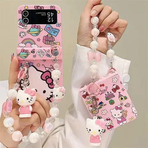 Niedliche Cartoon-Sanrio-Hallo-Kitty-Handyhülle für Samsung Galaxy Z Flip 7, 6 5, Bonbonfarben, bunt, harte Abdeckung für Z Flip 3 4, mit Umhängeband