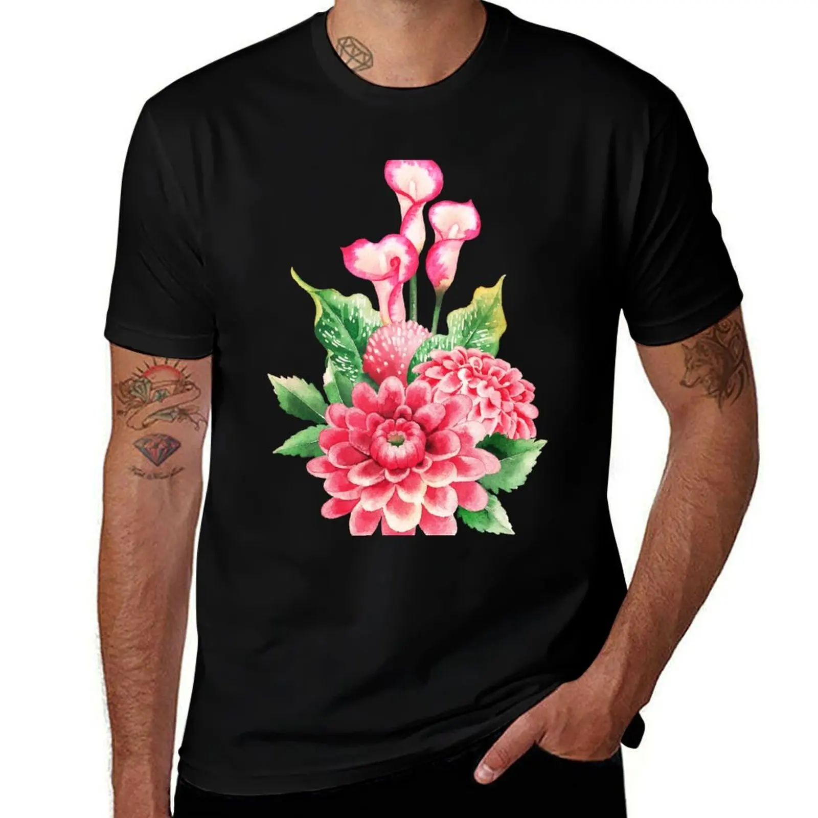 Watercolor bouquet of dahlia and calla lily flowers T-Shirt Plus Size Street Style Tee