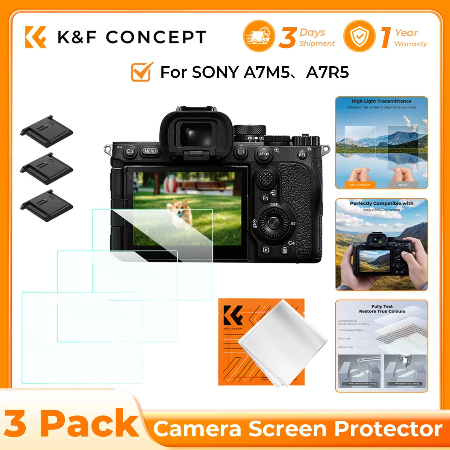 K&F CONCEPT for Sony A7M5 A7R5 3 Pack Camera Screen Protector 9H Hardness Tempered Glass Anti-Scratch Bubble-Free Hot Shoe Cover
