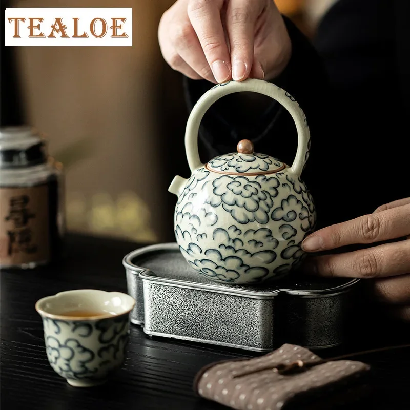 

240ml Chinese Ru Porcelain Lifting Beam Teapot Boutique Auspicious Clouds Pot Tea Soaking Kettle Puer Tea Ceremony Ornaments