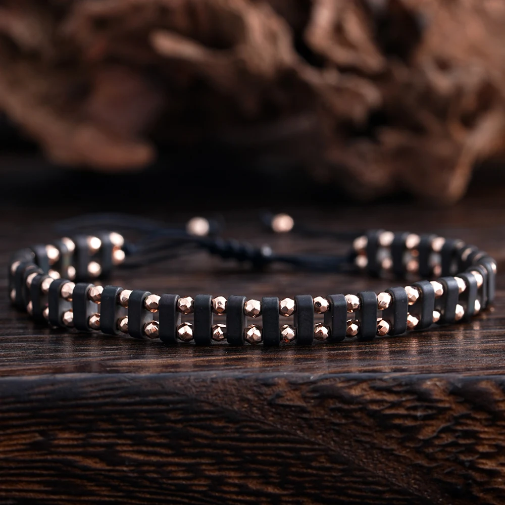 Adjustable Black Braided Rope Rose Gold Color Beaded Bracelet Minimalist Fashion Handmade Wristband for Women Men Jewelry Gifts