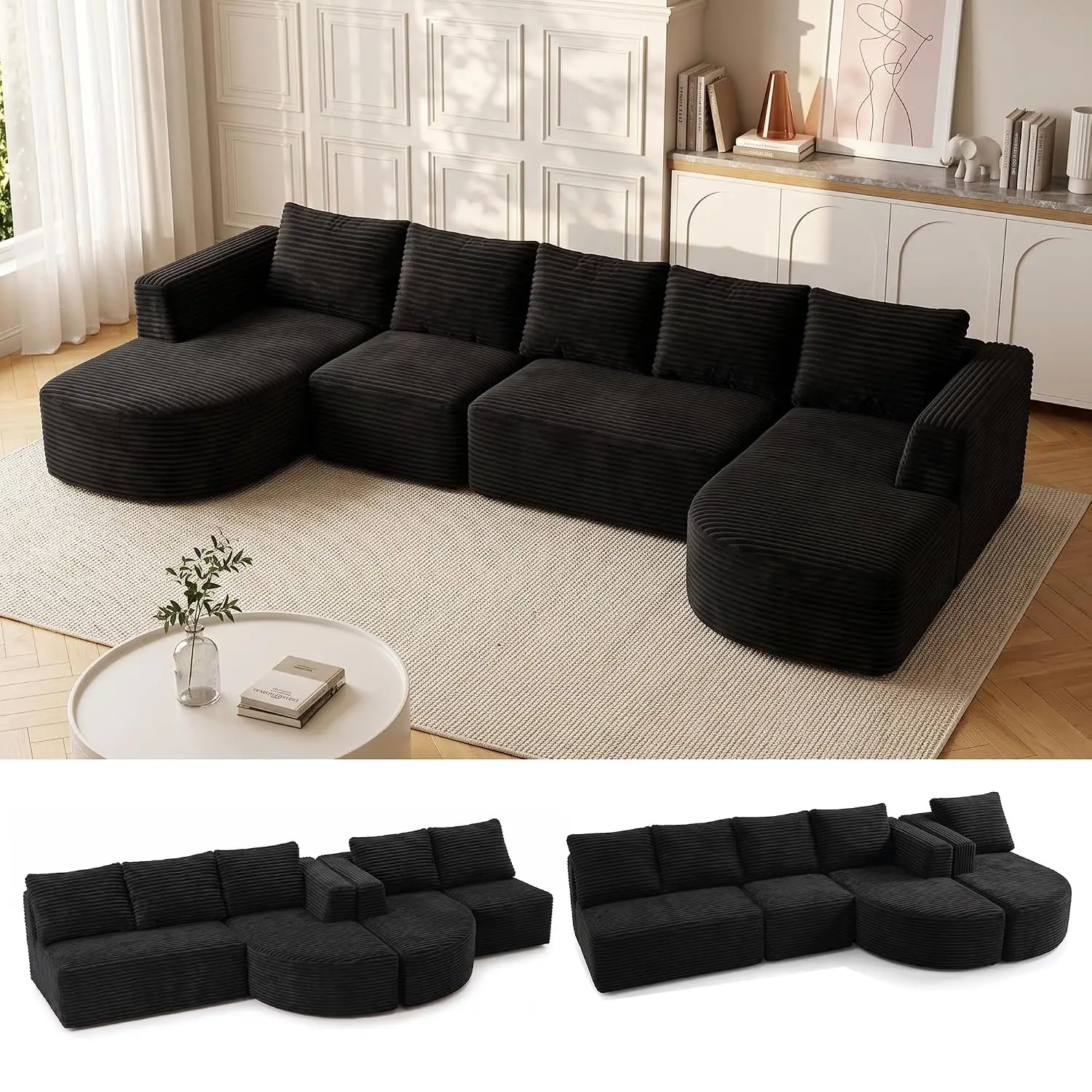 144 Inch Modular Boneless U-Shaped Sofa Living Room Black, Customized