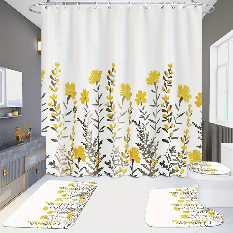 Fresh Yellow Floral Pattern Polyester Shower Curtain Set with Bath Mats, U-Shaped Rug, Toilet Lid Cover, Water-Resistant with 12