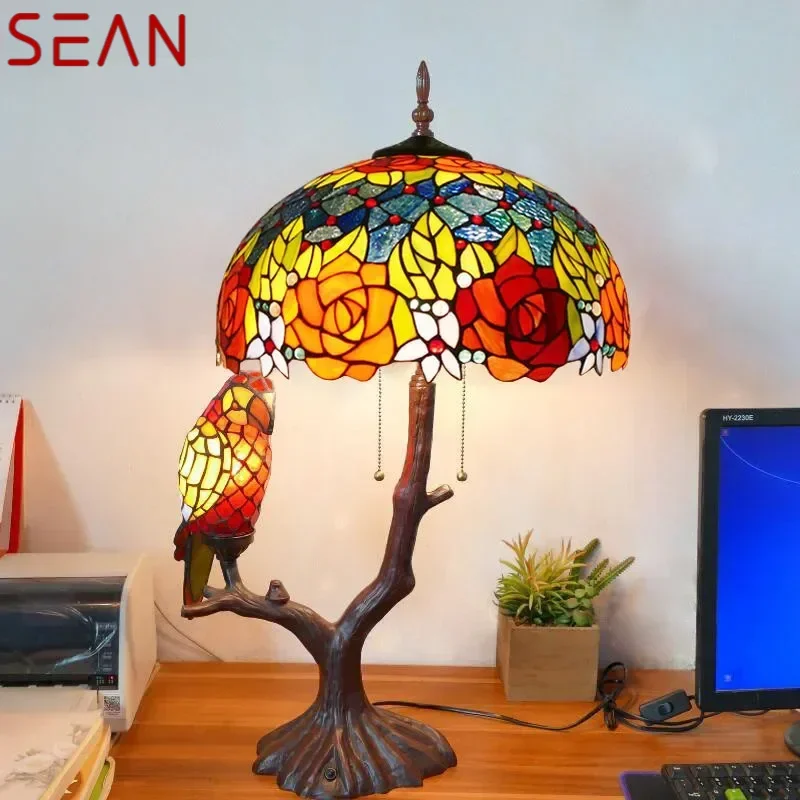 SEAN Tiffany Table Lamp American Retro Living Room Bedroom Lamp Luxurious Villa Hotel  Stained Glass Desk Lamp