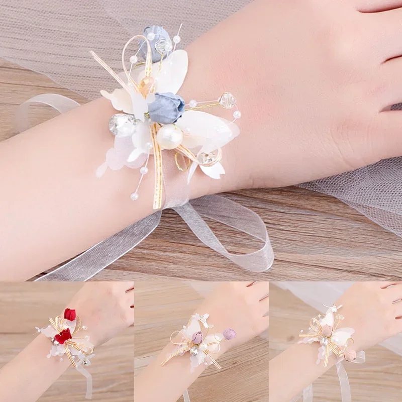 1PC Pearl Rhinestones Wrist Flower Bridal Crystal Ribbon Wrist Flower DIY Butterfly Bracelet Girl Bridesmaid Wedding Accessories