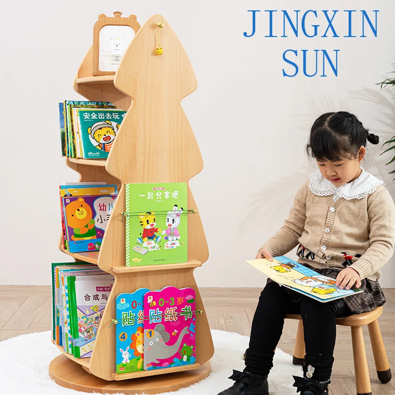 Children's bookshelf picture book rack full solid wood storage learning multi-layer log color 360-degree solid wood rotating