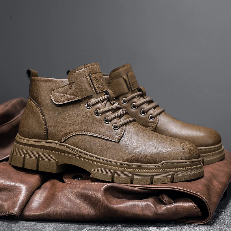 

Men's Non Slip Soft Sole Comfort Outdoor Mid Top Leather Boots Male Shoes Casual Boots Spring and Autumn British Workwear Boots