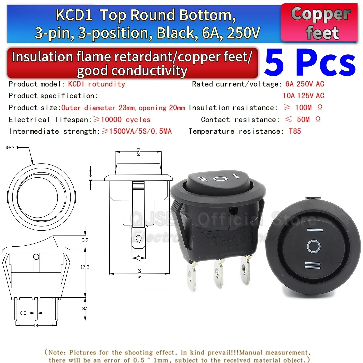 5 Stück KCD1 EIN-AUS-EIN 2/3/4-Pin 2/3-Positionen Einrastbarer 6A 220V Grüner Roter LED Runder Wippschalter für Haushalt DIY Ersatz – Detail 24