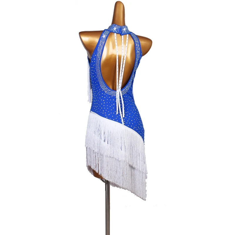 ラテンダンスパフォーマンス衣装女性ホワイトブルーフリンジドレスチャチャサンバサルサ競技衣装セクシーなラテンダンスウェア4267