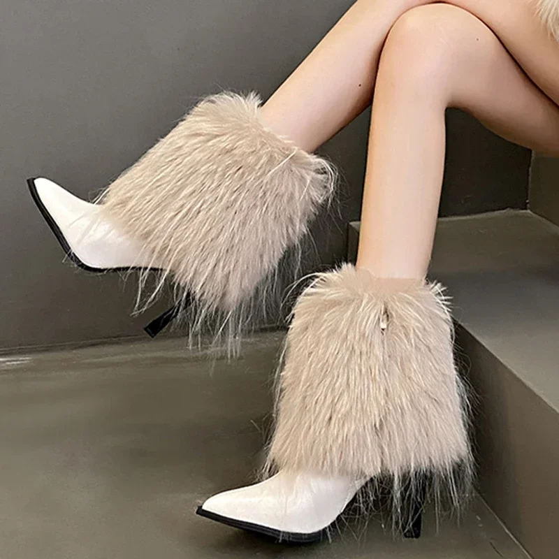 

Fur High Heels Women Snow Ankle Boots Sexy Pointed Toe Leather Shoes Woman Party Chelsea Botas New 2025 Winter Trend Botas Pumps