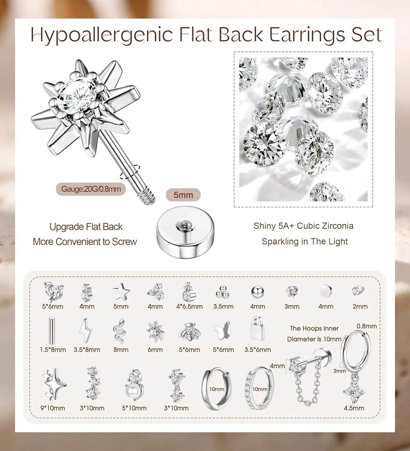 ボビスティ 敏感な耳のためのイヤリング 1個 サージカルステンレス製イヤリング 女性用 細身のフラットバックイヤリング スタッドフープ軟骨用