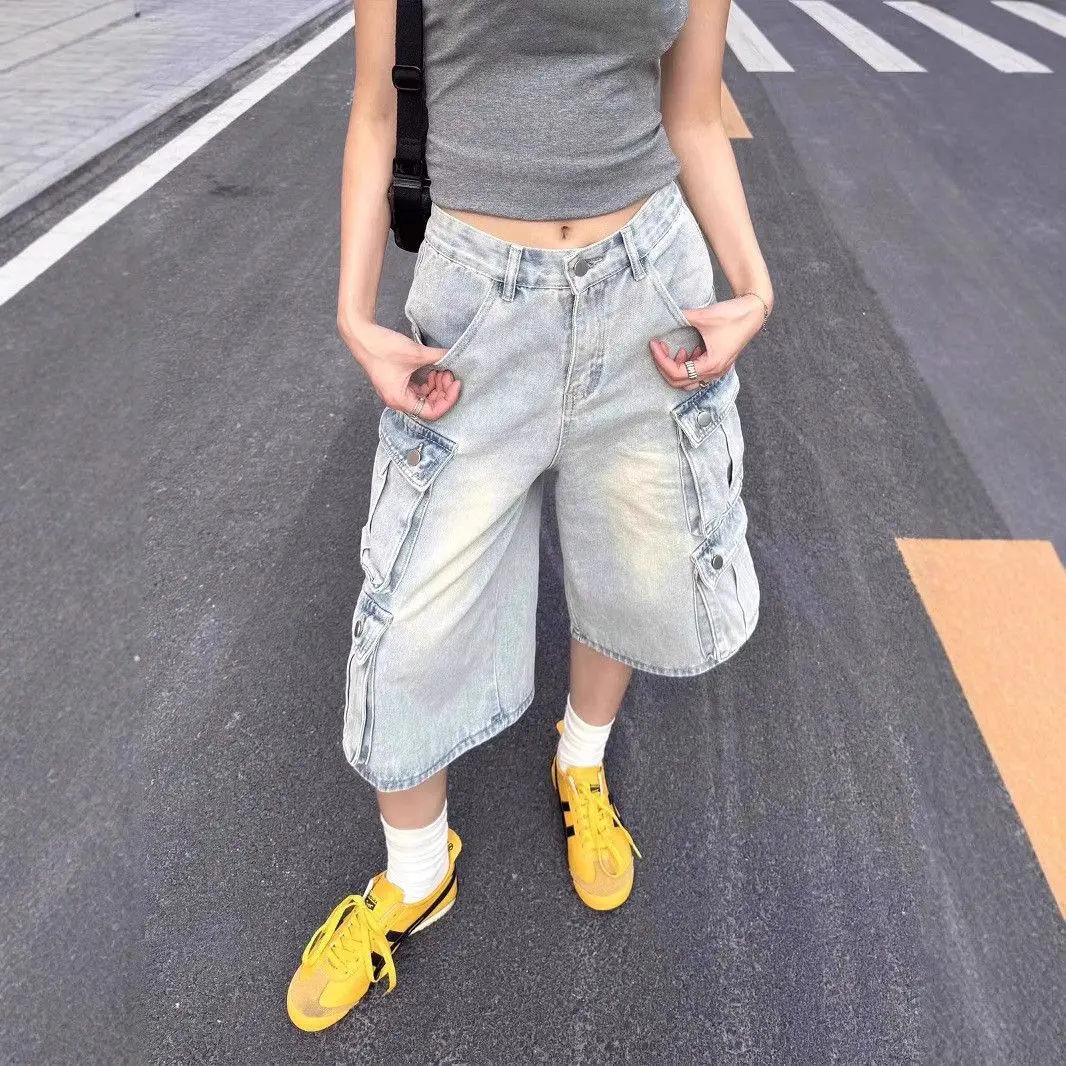 Men's Pants Summer Thin Pocket Tooling Denim Shorts Loose Straight Retro Cropped Pants