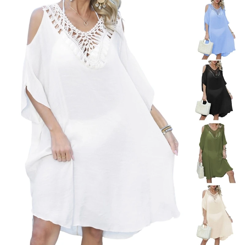 Warm Weather Beach Cover Up Dress Crochet Open Back Resort Layer with Hollowed Cutout Shoulder Detail for Shore Walks and Travel