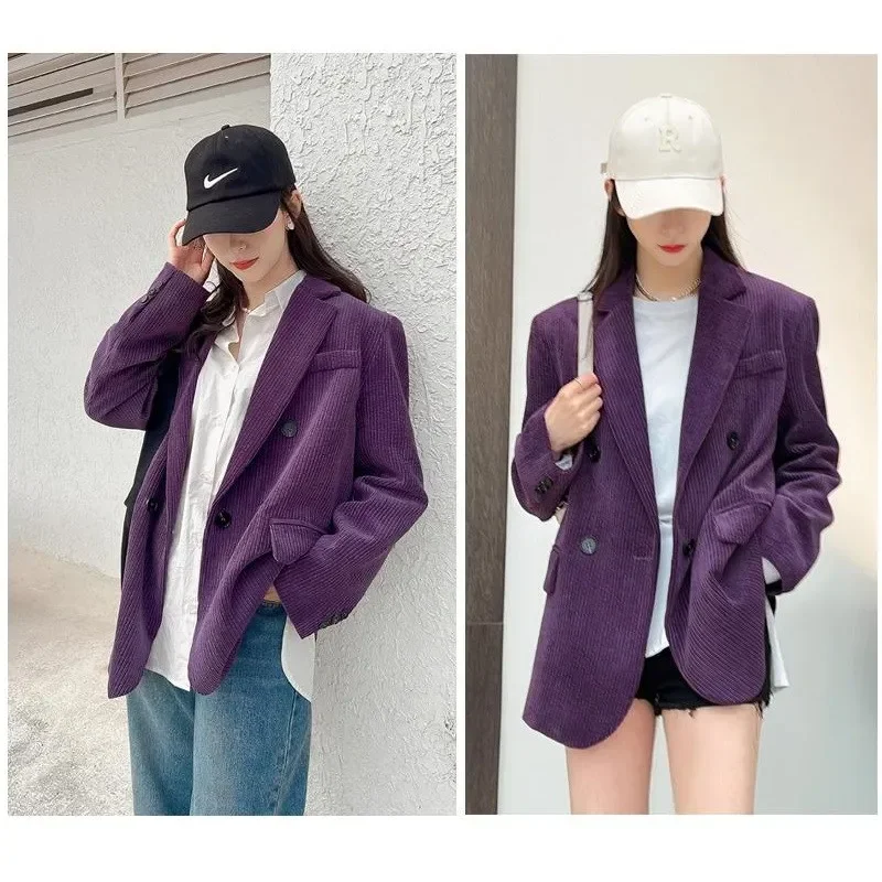 Autumn New Purple Corduroy Suit Jacket Women Spring Autumn Thick Woolen Blazer Coat Vintage High Quality Office Lady Outwear