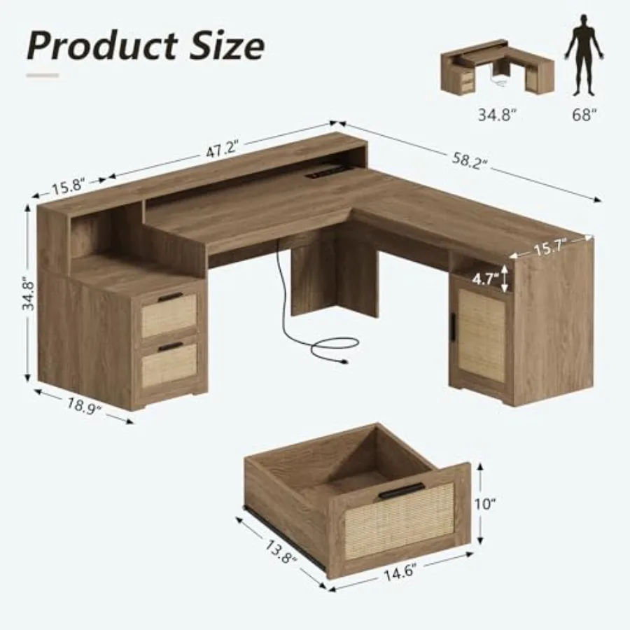Home office rattan L-shaped desk with drawers and printer shelf, natural brown, durable woven texture and spacious storage