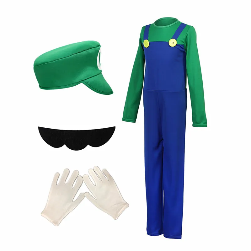 Child Super Mari Bros Cosplay Costumes Kids Anime Fantasy Romper Boy Girl Halloween Party Long Sleeve Dress Hat Costume