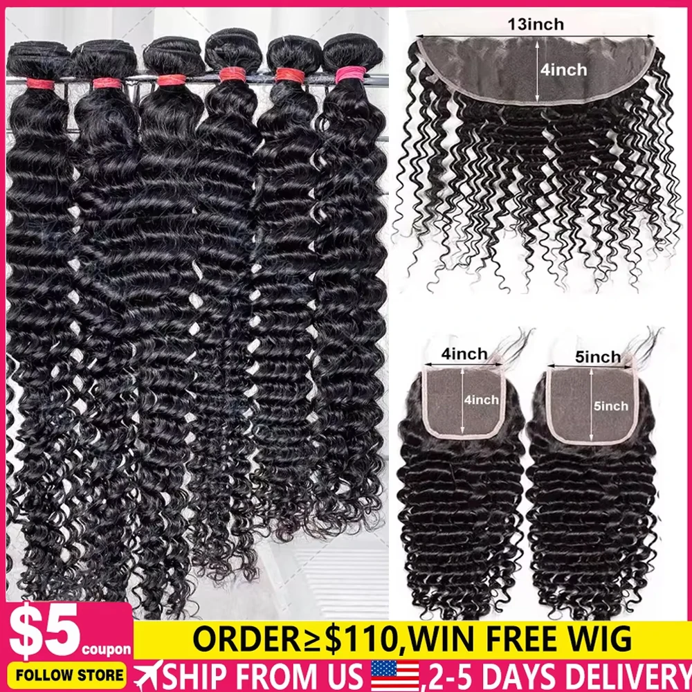 

Натуральные бирманские волосы в пучках с закрытием, глубокая волна, 3-4 пучка с закрытием из HD-кружевы 4x4, 5x5, кудрявый плетеный волос с фронтальным закрытием 13x4