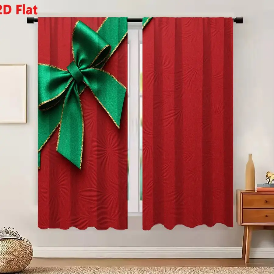 2Pcs Curtains 2D Flat Festive Red Background With Green Satin Bow And Gold Trim Window Drapes for Bedroom Room Decor Decoration