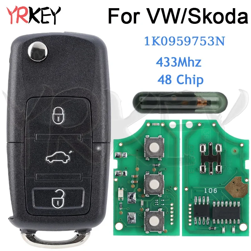 Car Remote Key for Volk-swagen VW Caddy Golf Jetta Tiguan POLO PASSAT B5 B6 S-koda Blade HU66 433Mhz 1K0959753N ID48 Chip