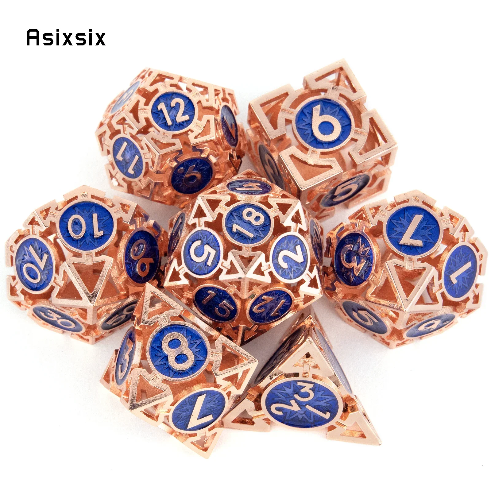 

7 Pcs Copper Blue Metal Dice Circular Hollow Metal Polyhedral Dice Set Suitable for Role-Playing RPG Board Game Gift