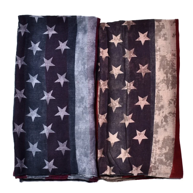 2024 Foreign Trade Retro Star Stripes Scarf Ladies Positioning American Flag Printing Bali Yarn Scarf Wholesale