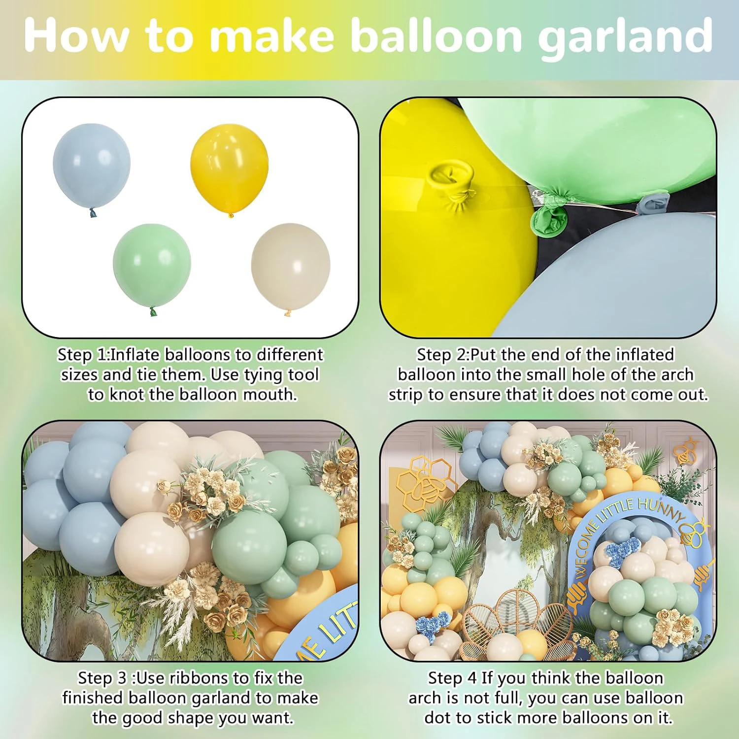 Sage Green, Gray Blue, Yellow Balloon Garland, 124 Pieces, Slate Blue, Olive Green, Yellow Sand, White Cream Party Latex Balloon Arch Kit, Bridal
