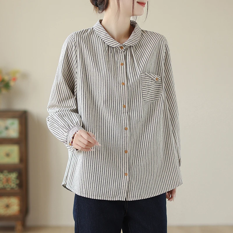 Spring Summer Striped Long Sleeve Fasion Cotton Linen Blouse Shirt Button Elegant Office Ladies Women Casual Loose Tops Blusas