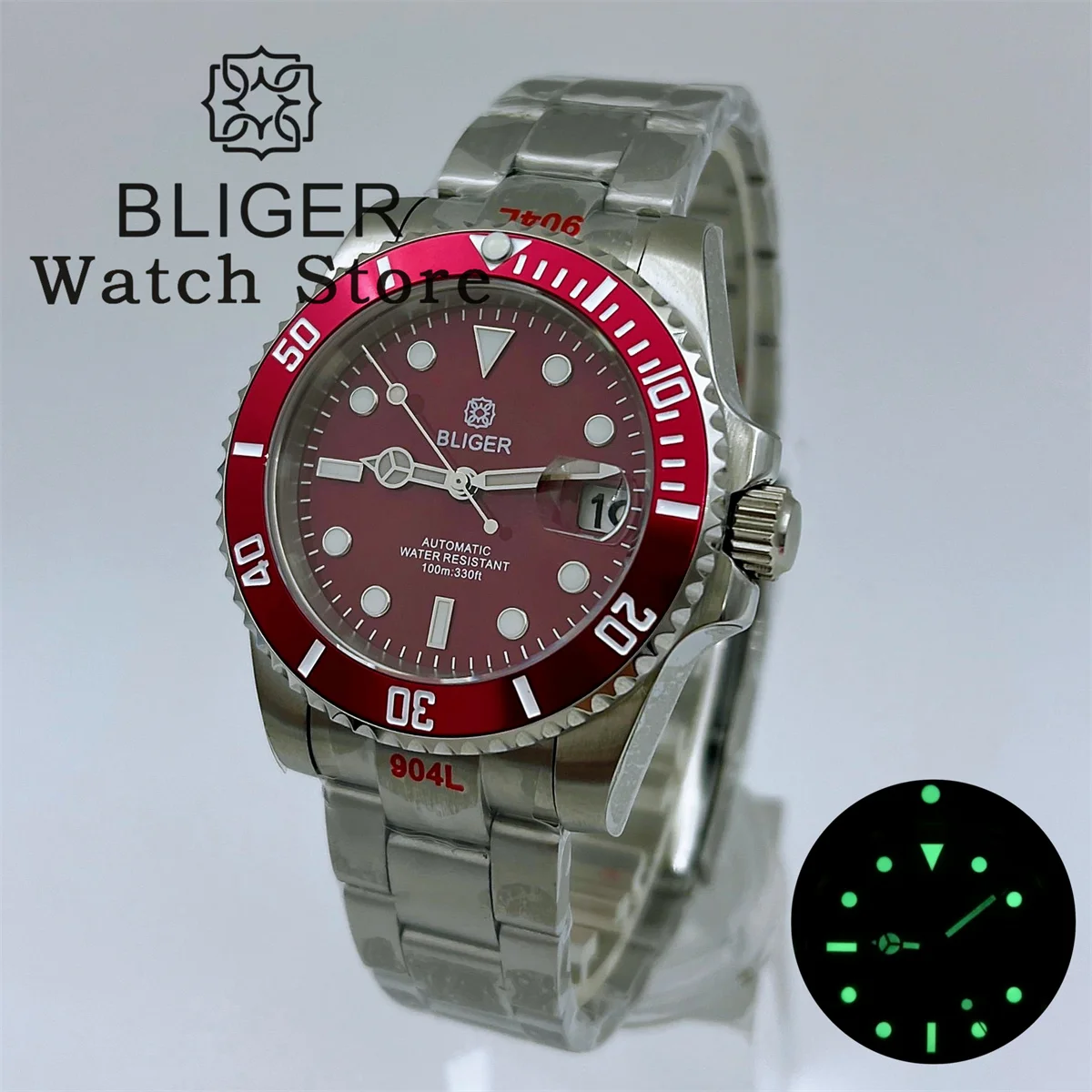 BLIGER 40mm NH35 PT5000 Automatic Red Black Blue Green Diving Watch For Men Stainless Bracelet Date Magnifier Deep waterproofing