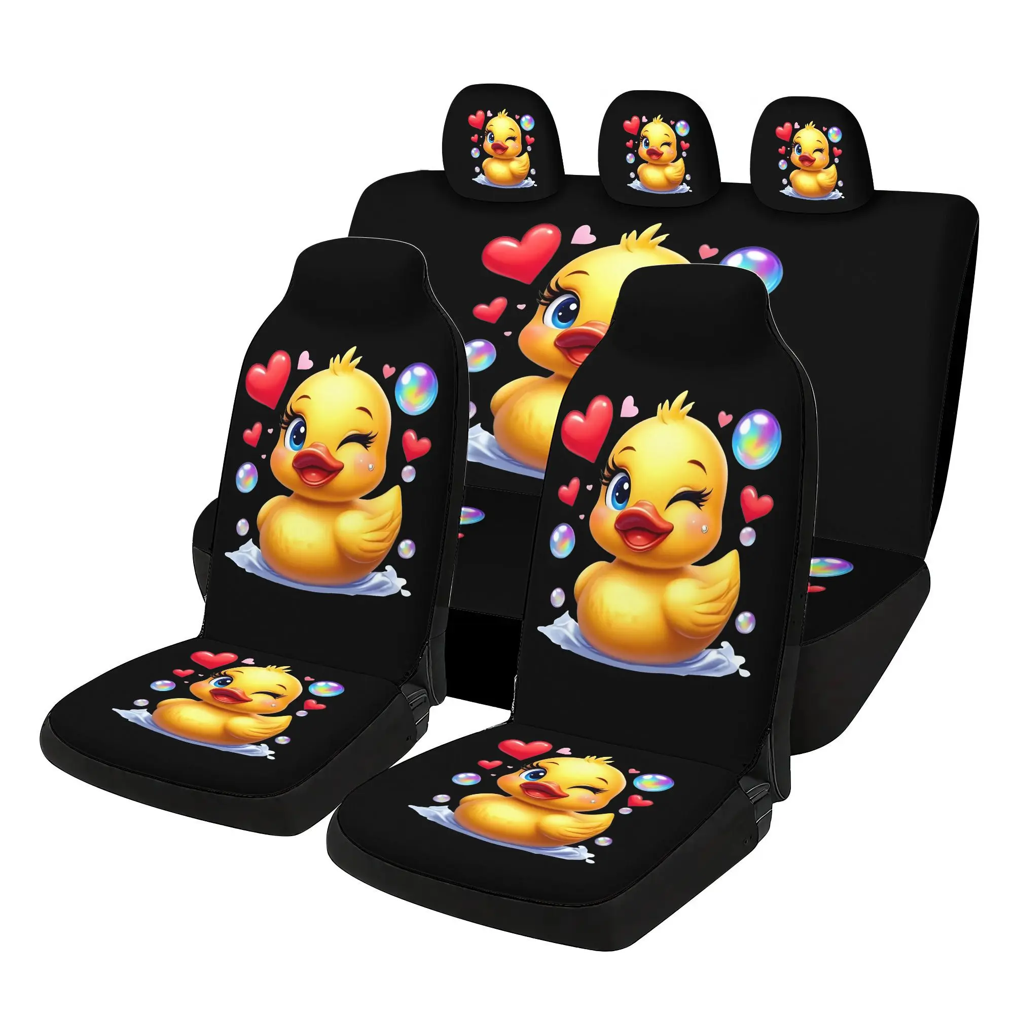 7pcs Winking Yellow Duck With Hearts Bubbles Printed Universal Car Seat Covers, Including 2 Front Seat Covers And 1 Rear Backres