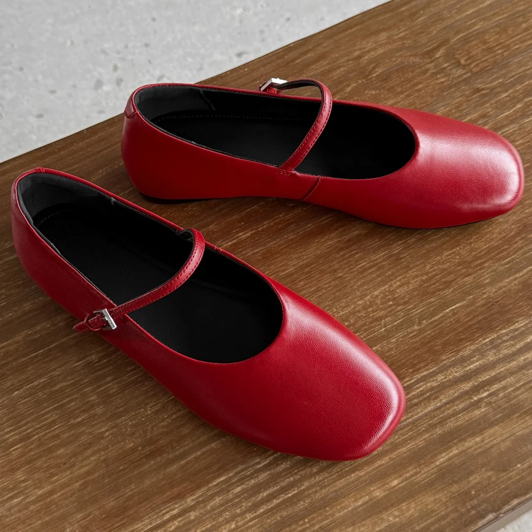 

Women's sheepskin square toe metal buckle slip-on Mary Jane ballet flats high quality soft comfortable casual female ballerinas
