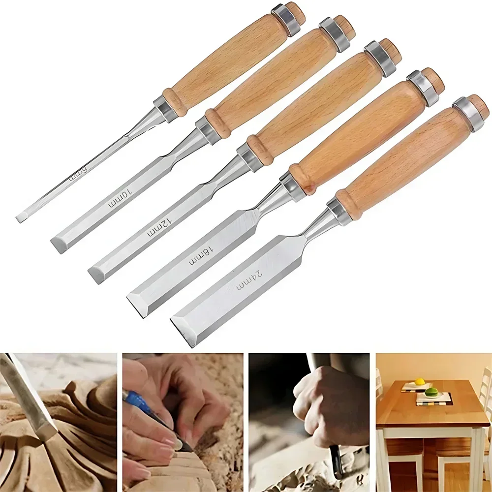 1/5Pcs Wood Chisels Set Sharp Chrome-Vanadium Steel Wood Carving Chisels with Beech Handles Ergonomic Wood Carving Tools