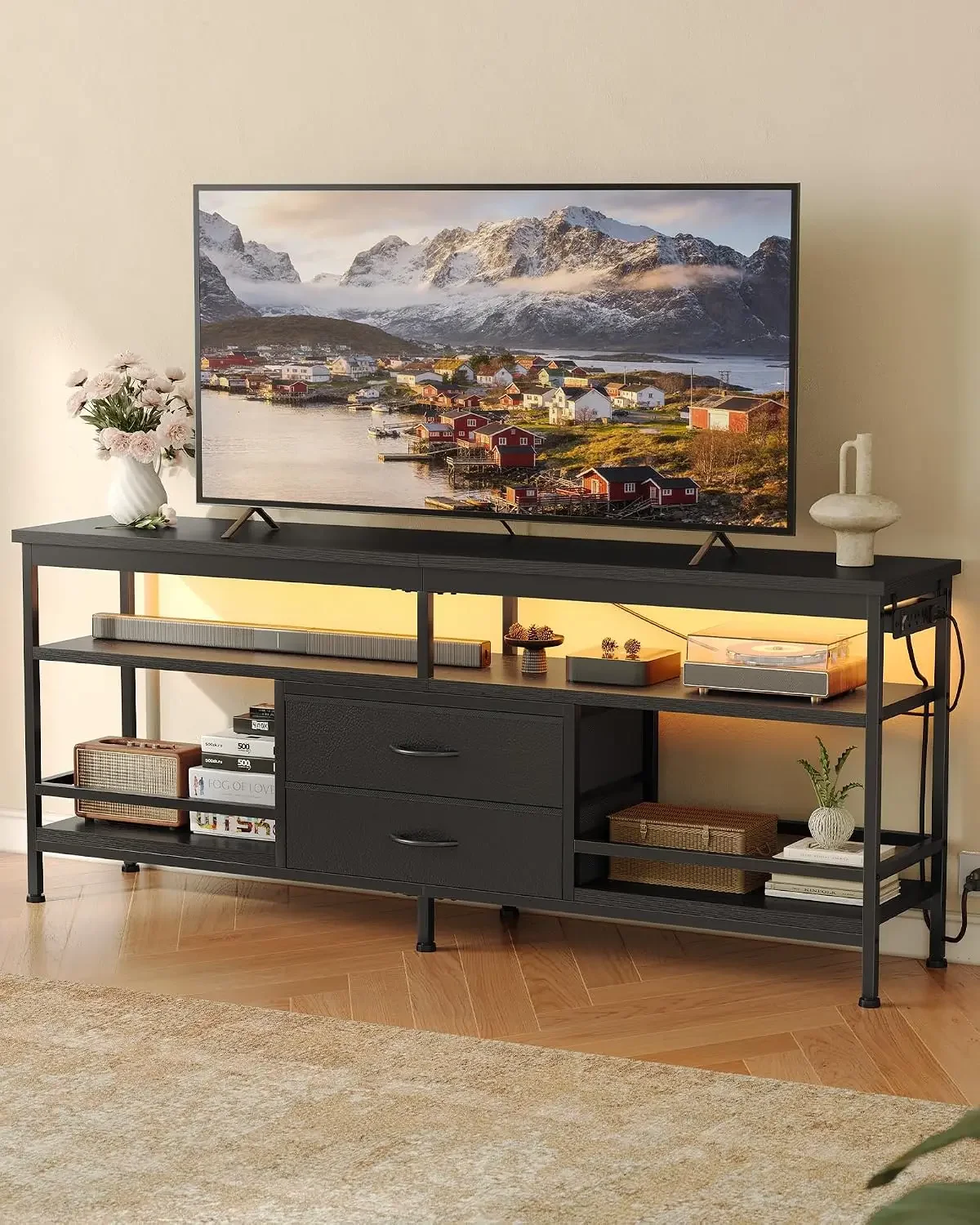 USA Stock 63in TV Stand For 55-75in Tvs, Led Lights, Charging Station, Black | Tv Stands For Living Room, Holds Up To 150lb, 4 A
