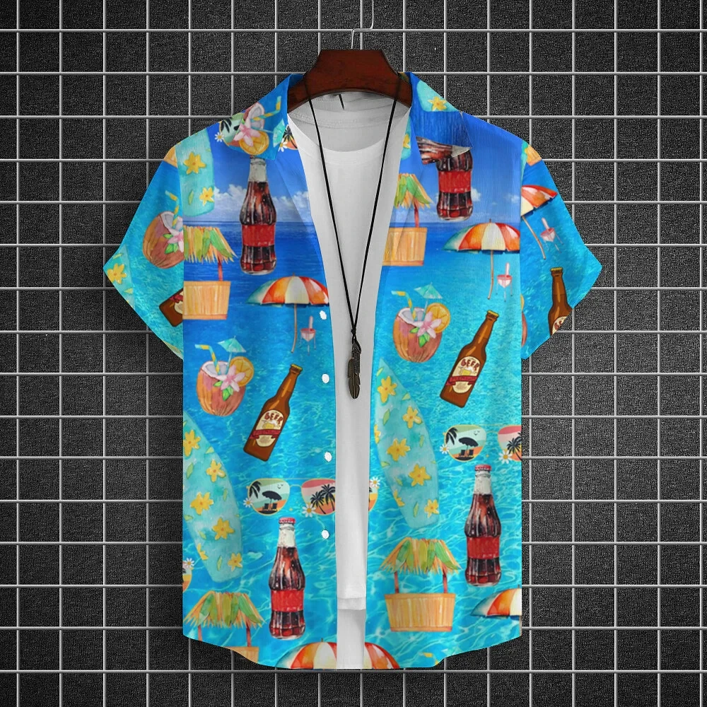 Hawaiian Shirt For Men Beach Beer Print Short Sleeved Shirt Tops Summer Beverages T-Shirt Casual Original Design Men's Clothing