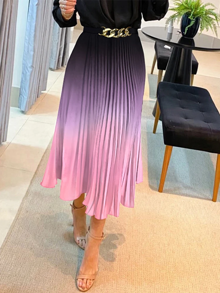 Ombre Plunge Pleated Midi Dress with Chain Decor Belt Chic,Elegant Pleated Daily,Work