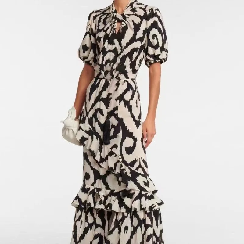 

Australian Minority Scarf Collar Short Sleeve Ruffled Stitching Printed Waist Long Dress
