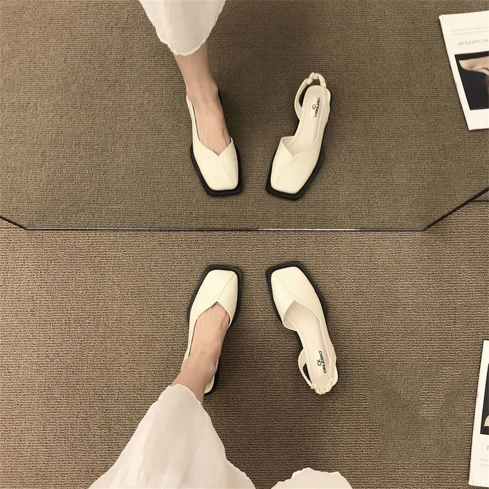 Women's Retro Square Toe Slingback Flats, V-Cut Leather Upper Non-Slip Thick Sole Comfortable Casual Sandals
