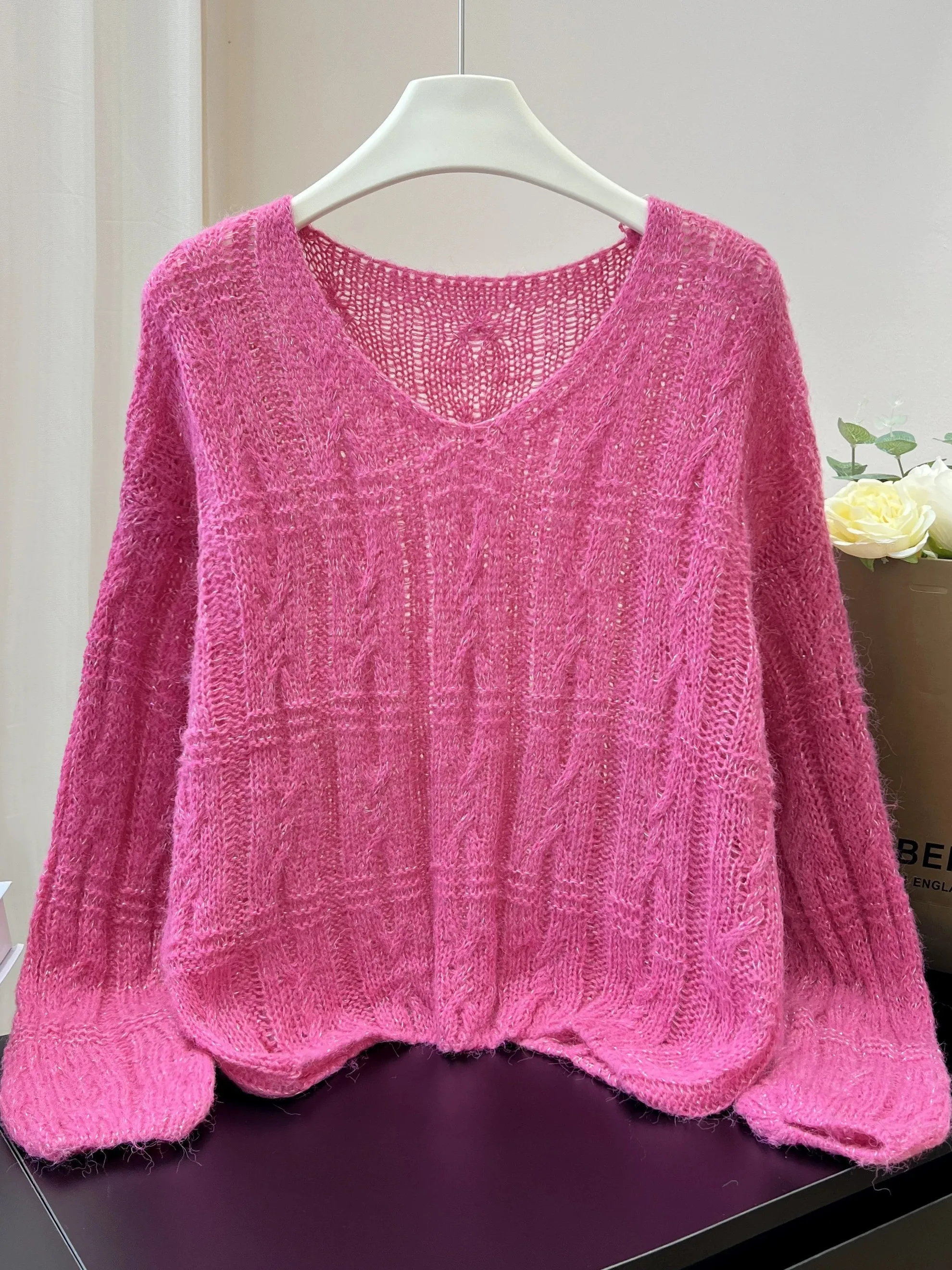 

Корейский модный вязаный топ с V-образным вырезом и ажурными элементами для женщин, свободный крой, осенняя новинка, универсальный, с длинными рукавами